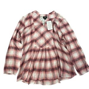 June‎ + Vie Women’s Plaid V-Neck Blouse in Pink and White NWT 12W
